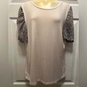 DKNY Pink Short Sleeve Tee with Leopard Print Sleeves